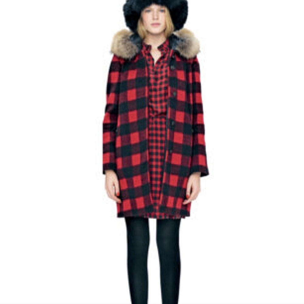 Woolrich Buffalo Plaid Allgood Wool Coat w Raccoon Fur Hood XS